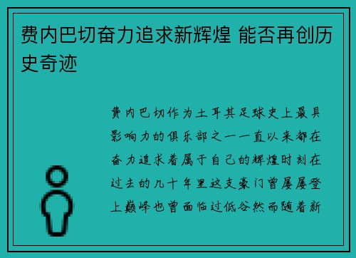 费内巴切奋力追求新辉煌 能否再创历史奇迹